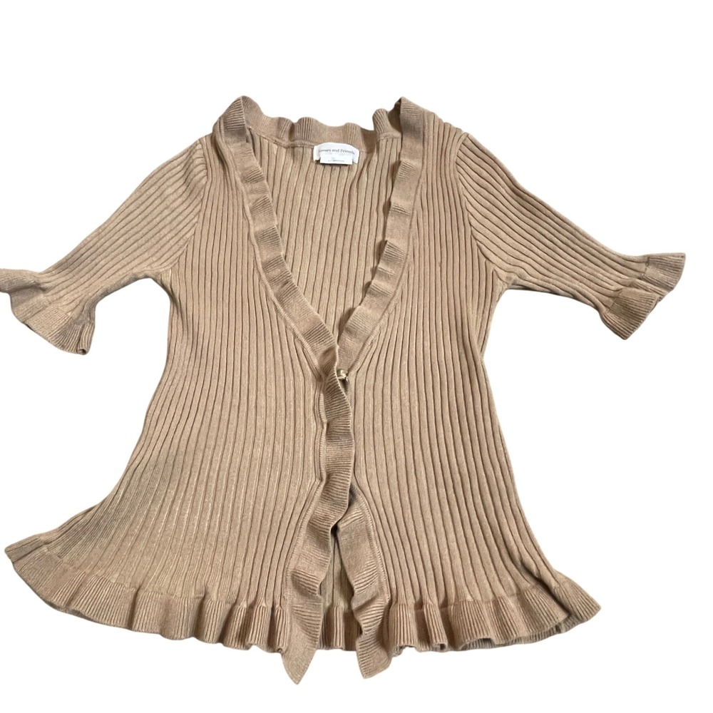 Lovers and Friends Ribbed Ruffle Trim Cardigan‎ Beige Button Front Small